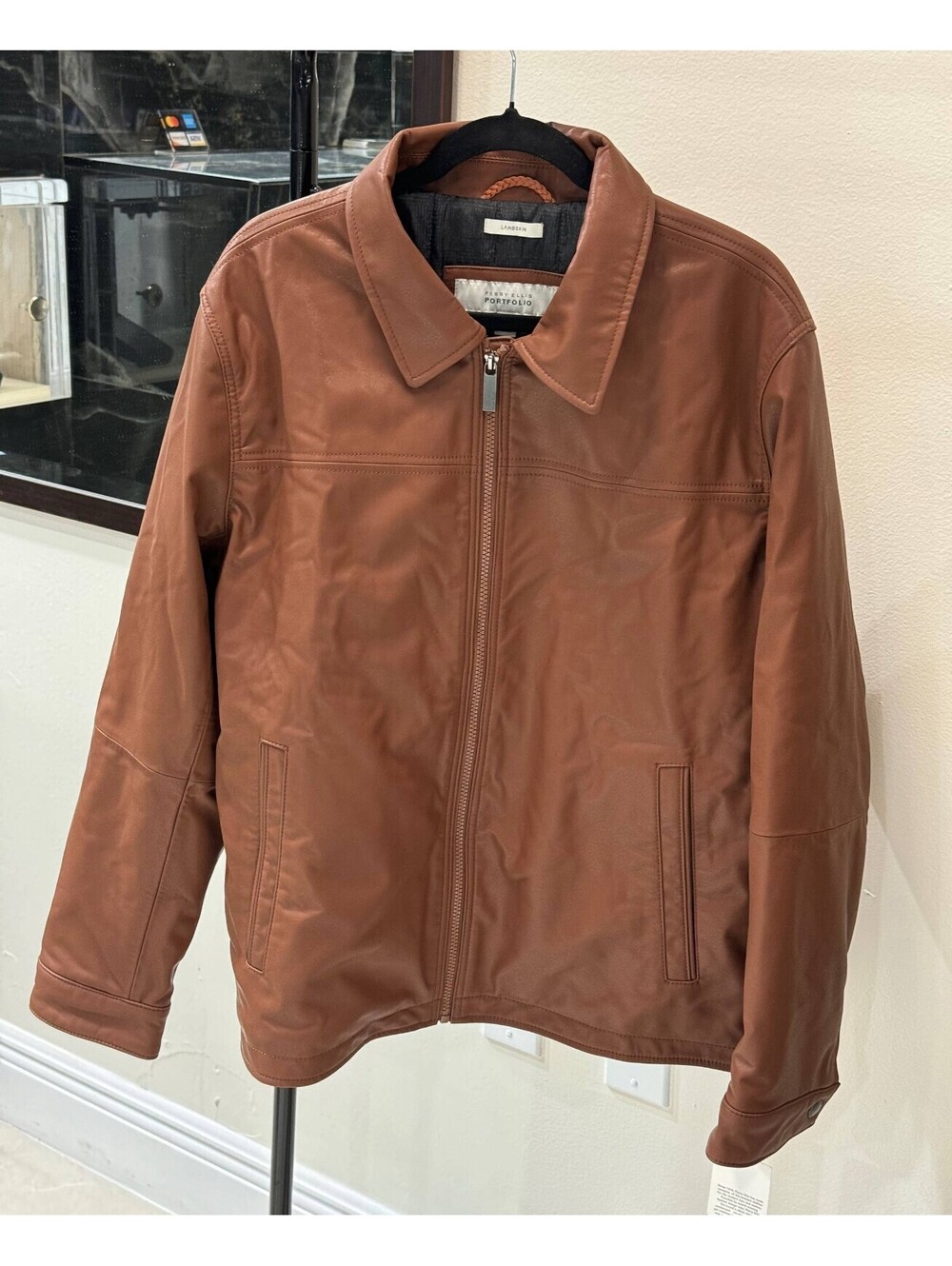 NEW PERRY ELLIS Men's Classic Brown/Cognac Trucker Lambskin Leather Jacket L